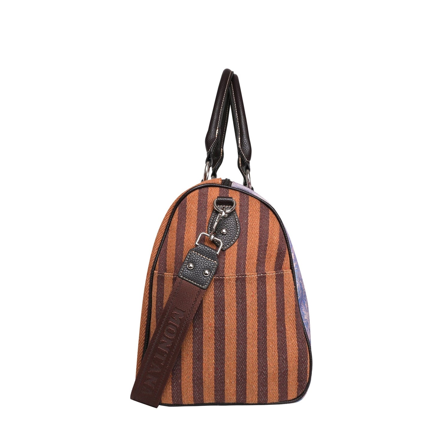Striped handbag with a visible brand logo on a white background