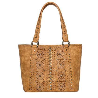 Brown handbag with decorative patterns and studs on a white background
