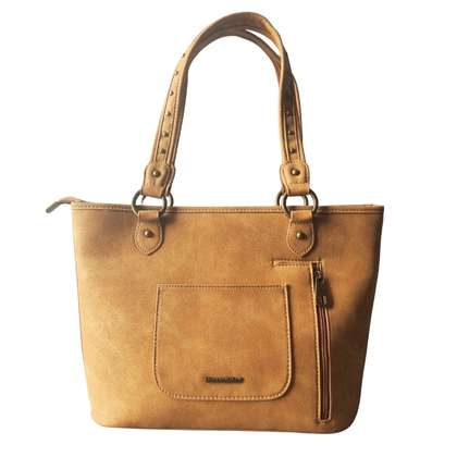 Brown leather tote bag with a visible brand label on a white background