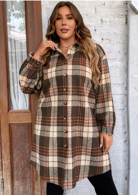 100% polyester  Lots of ladies have been waiting for this! This warm tone plaid wraps you all up in its peach fuzzy goodness! This dropped shoulder delight can be worn as a shacket or a buttoned tunic with leggings!  Machine Wash