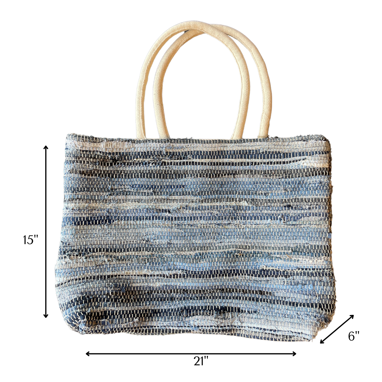 This tote is the ultimate workhorse of totes, using eco-friendly materials and repurposed clothes! It's a rugged bag that will outlast its owner!  Measures 15" tall x 21" wide 6"
