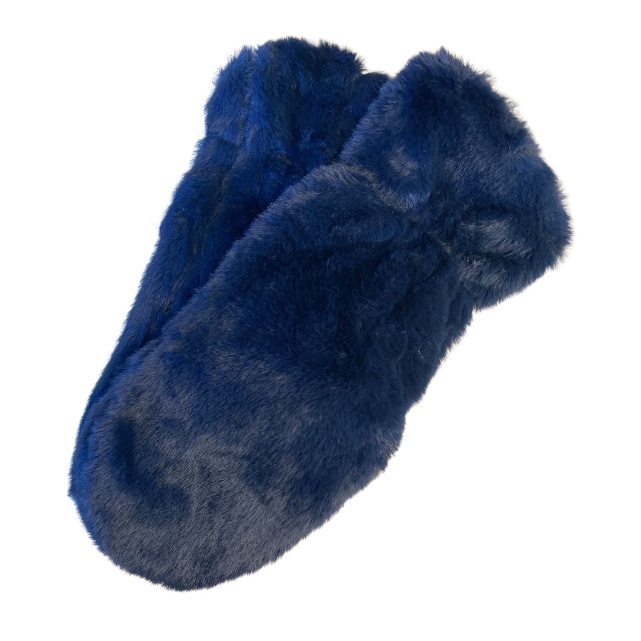 Pair of blue fuzzy slippers on a white background