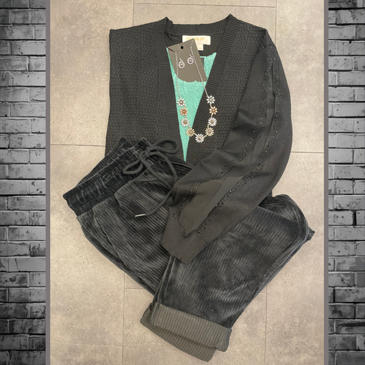 Sparkle Long Sleeve Open Front Cardigan - Black