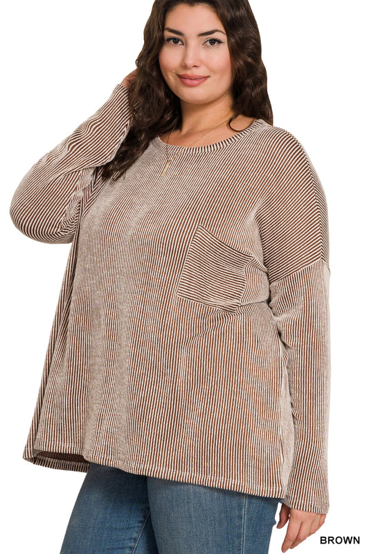 Ribbed Striped Oversized Long Sleeve Top - Brown