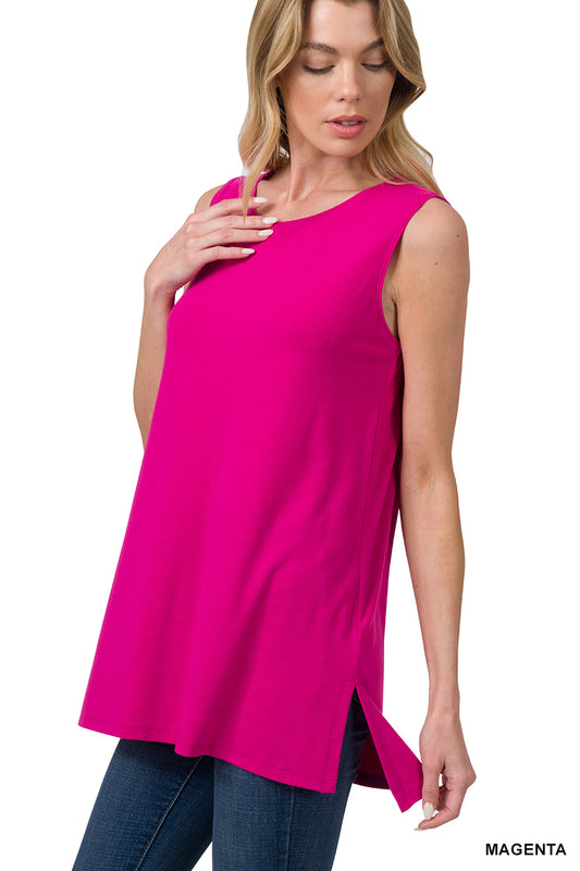 <p>57% polyester / 38% rayon / 5% rayon</p> <p>Spice up your wardrobe with this jewel toned tank that features side slits and a hi-low hem. A classic choice that's anything but basic!</p>