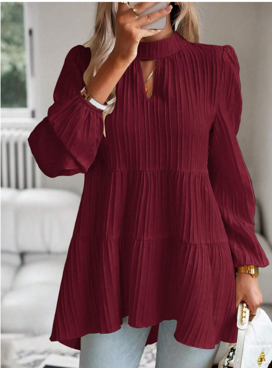 96% polyester / 4% elastane  Gorgeous gals in red - behold! This divine burgundy number features a keyhole neckline, lantern-style sleeves and adorable ruffles - a perfect pick for those who don't take fashion lightly.  Machine Wash or Dry Clean