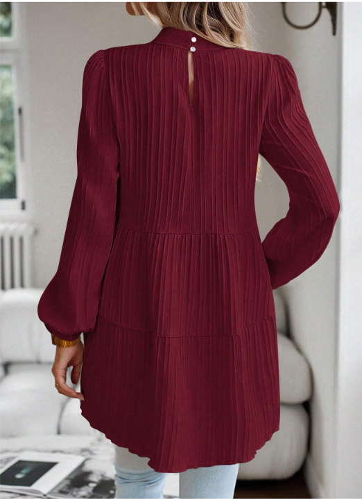 96% polyester / 4% elastane  Gorgeous gals in red - behold! This divine burgundy number features a keyhole neckline, lantern-style sleeves and adorable ruffles - a perfect pick for those who don't take fashion lightly.  Machine Wash or Dry Clean