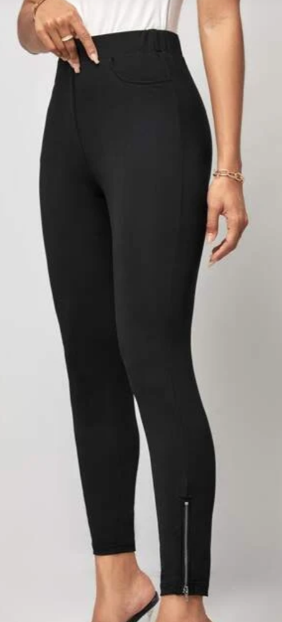 91% Polyester, 9% Elastane  Classic leggings with a side zipper at the ankle that can be worn open or closed. Great for work or play these are all day comfy pants.