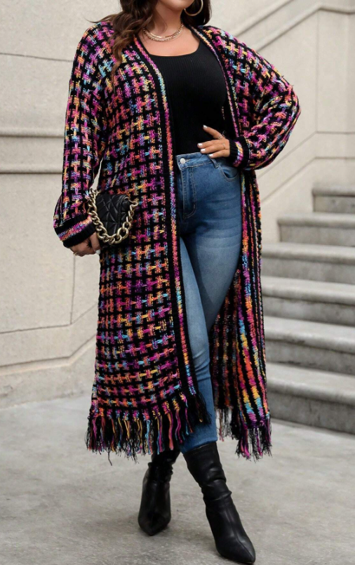 Colorful Full Length Dropped Sleeve Woven Cardigan