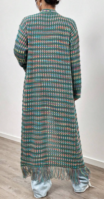 Colorful Full Length Dropped Sleeve Woven Cardigan - Green