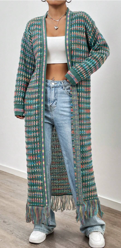 Colorful Full Length Dropped Sleeve Woven Cardigan - Green