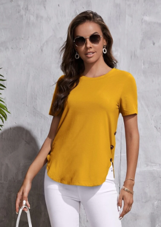 62% Polyester, 34% Cotton, 4% Elastane  Get ready to brighten up your wardrobe with this mustard tee! The tulip hem, complete with 3 buttons on each side seam, adds a unique touch to this top. For a vibrant and playful look, pair it with one of our colorful cardigans at Splash of Pearl.