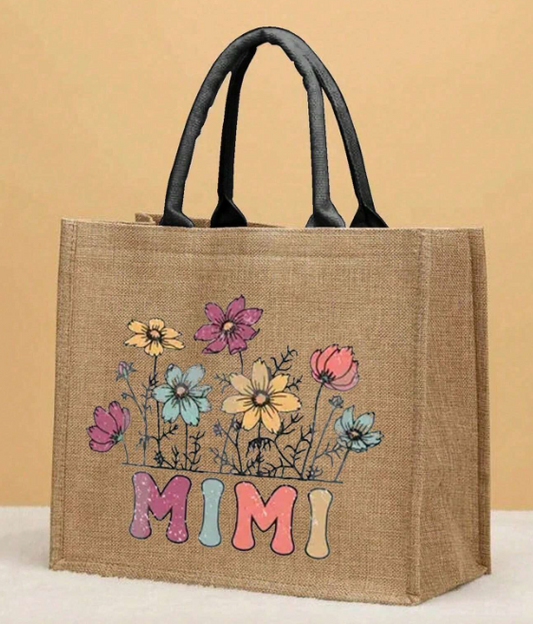 100% polyester  This sand colored burlap look bag features short black handles and plenty of room to hold all those Mimi things! Perfect gift or thank you for that special Mimi in your life!  Size: 11.8" x 13.8" x 5.5