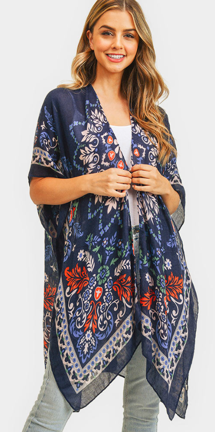 100 % Polyester  This breezy, versatile kimono is adorned with a funky boho print in navy, red, and white - and it's one size fits all!  Measures: 35" x 35"