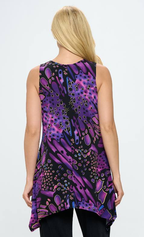 94% polyester / 6% spandex  Embody the beauty of a butterfly with this abstract tank tunic featuring butterfly wing-like patterns! Its multicolored print opens up a world of possibilities for matching with jackets and pants!   Hand or machine wash in cold water.  Made in U.S.A