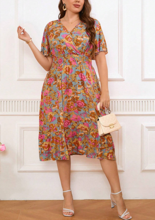 Vibrant Floral Ruffle Dress With Butterfly Sleeves