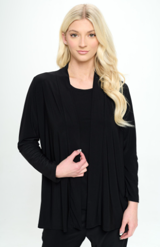 90% polyester / 10% spandex  Classy looking long sleeve cardigan style jacket in the comfy soft category weighing heavy on your list of MUST HAVE ONE'S!  Made in USA