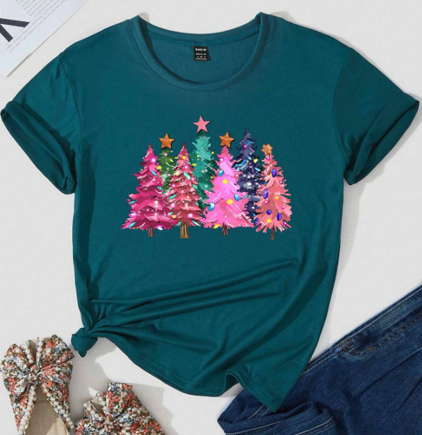 95% polyester / 5% elastane These Tops Are Stunners! This short sleeve teal top has vibrant color decorated trees that add fuel to this combo's fire. Partner this top with a pair of fuchsia joggers and mwah!