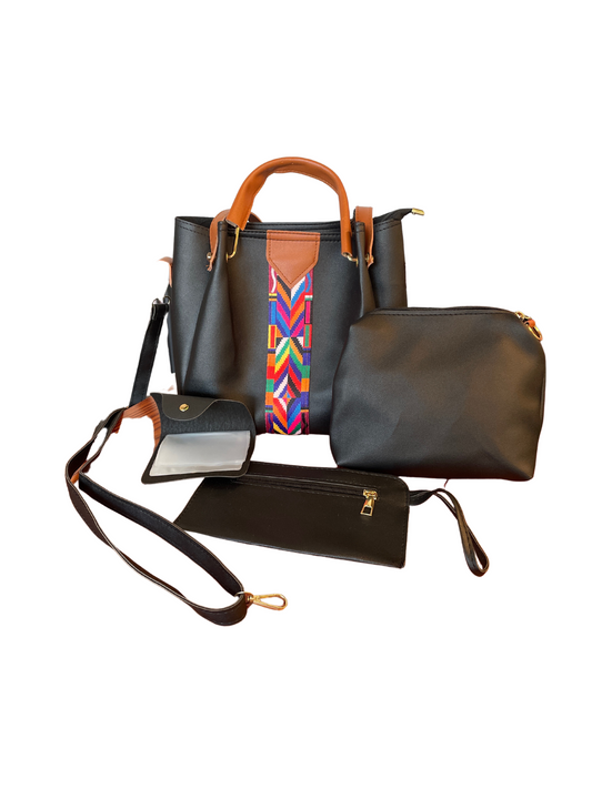This black & tan tote comes packed with several bonuses! You can carry it by it's handles or clip on the adjustable strap for a hands free look. There are 3 pieces for organizing- the first is a 7" x 6" pocket purse that can also function as a standalone crossbody with the adjustable strap, a wristlet and a card holder finish out this super versatile purse set!  Measurements: Base 10" x 5" stands 9" tall