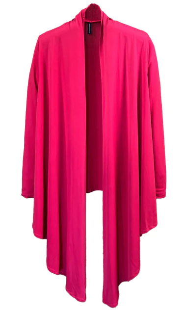 https://splashofpearl.com/products/jersey-cardican-fuschia  95% polyester 5% Spandex This cardigan has endless possibilities for style and comes with a guide for 12 different ways to wear it! That's getting mileage out of a classic piece for sure! This is a heavy knit- great for all 4 seasons! Machine wash warm, gentle cycle. Hang to dry, or tumble dry low.