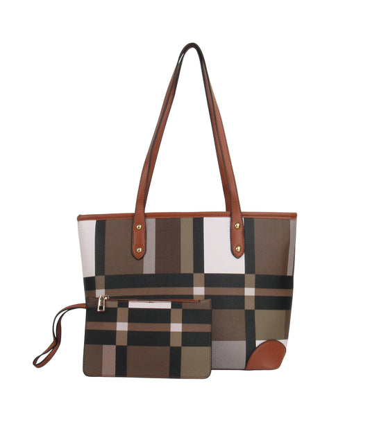 Plaid patterned handbag with brown accents on a white background