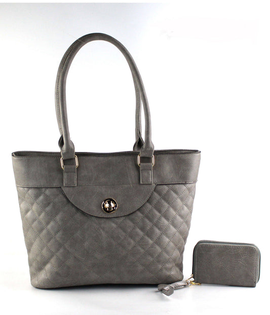 Gray quilted handbag with matching wallet on a white background