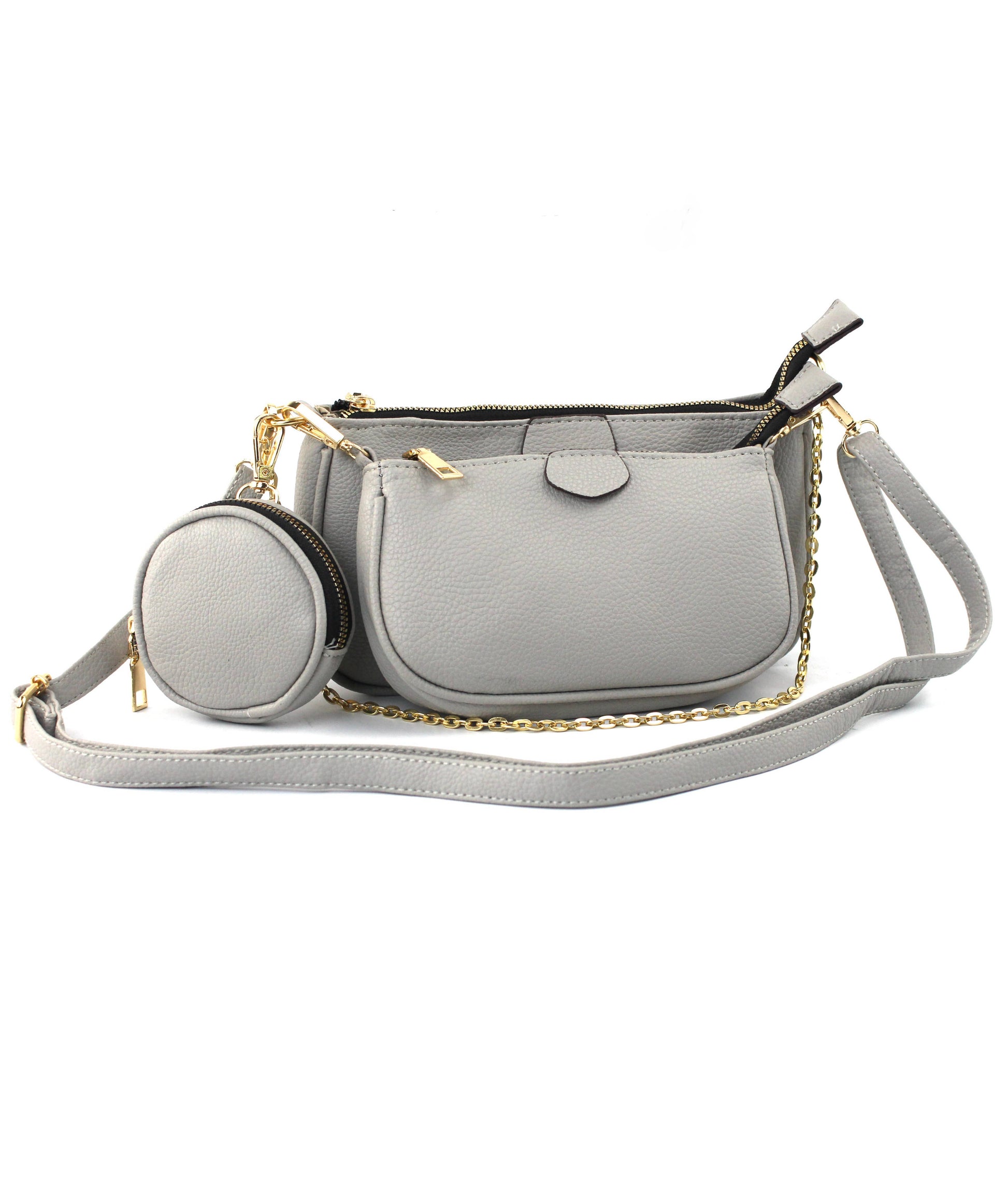Gray handbag with a smaller round bag on a white background