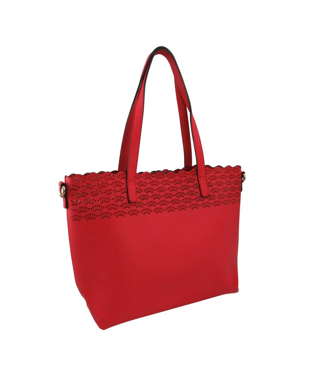 Red handbag with lace detailing on a white background