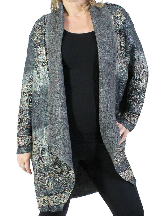 100% polyester

These cardigans are made with a crushed satin so they never wrinkle and always looks fresh. They are of a dramatic design that looks very high end and will grab attention wherever you go!

One Size Fits Large to 2X