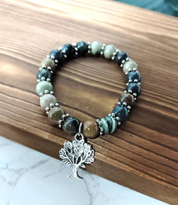 High Quality Stainless Steel  Gorgeous, earthy-hued beads grace an elastic band, celebrating life with a tree of life charm.