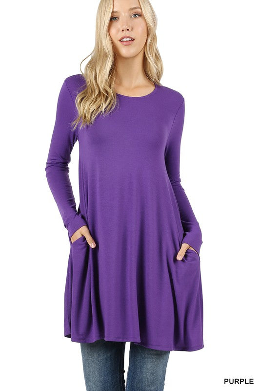 Long Sleeve Swing Tunic with Side Pockets - Purple