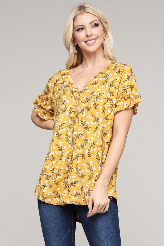 Short Ruffle Sleeve with Button Down Front Top - Mustard Floral