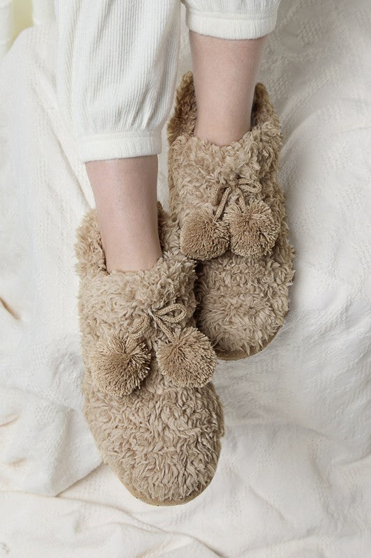 Cozy Slipper Booties with Ball Accent - Taupe