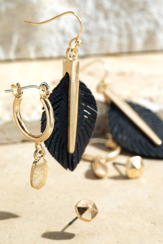 Faux Leather Feather Dangle Earrings & Studs - Black/Gold