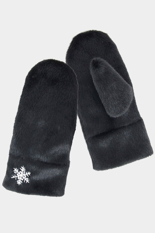 Super Soft Faux Fur Mitten Gloves With A Snowflake Accent - Black