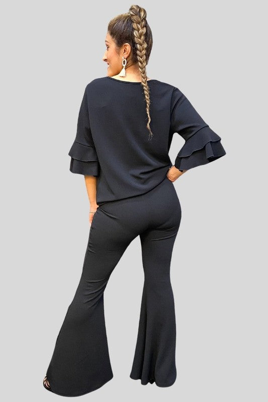 Double Bell Tiered Sleeve Bell Bottom Set - Black