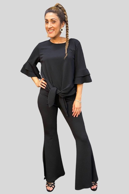Double Bell Tiered Sleeve Bell Bottom Set - Black