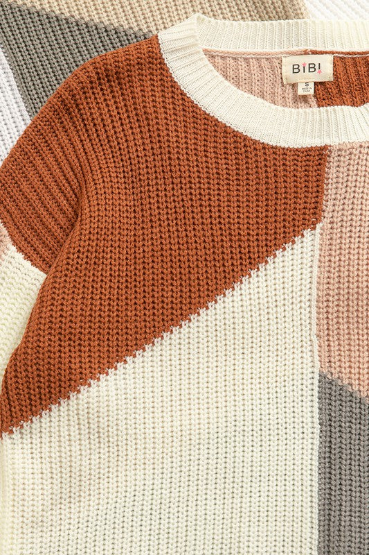 Loose Fit Color Block Sweater - Rust/Mauve/Gray