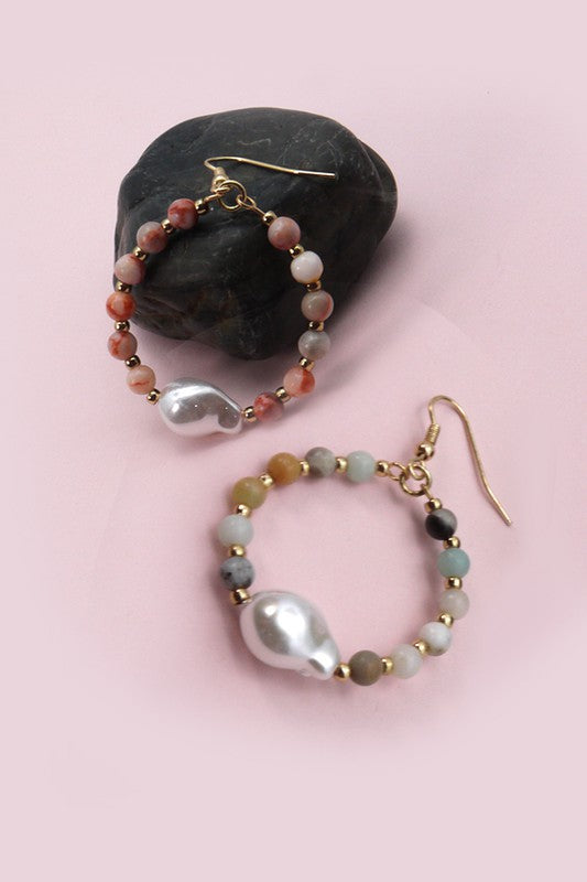 Natural Stone Bead Necklace With Pearl Necklace & Earring Set
