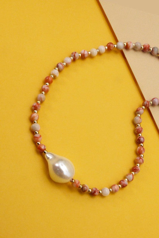 Natural Stone Bead Necklace With Pearl Necklace & Earring Set