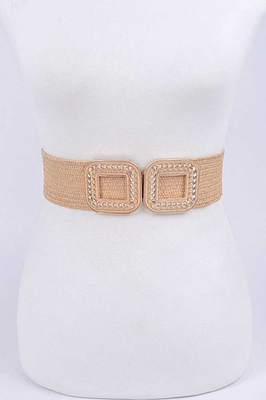 Iconic Square Buckle Elastic Faux Straw Belt