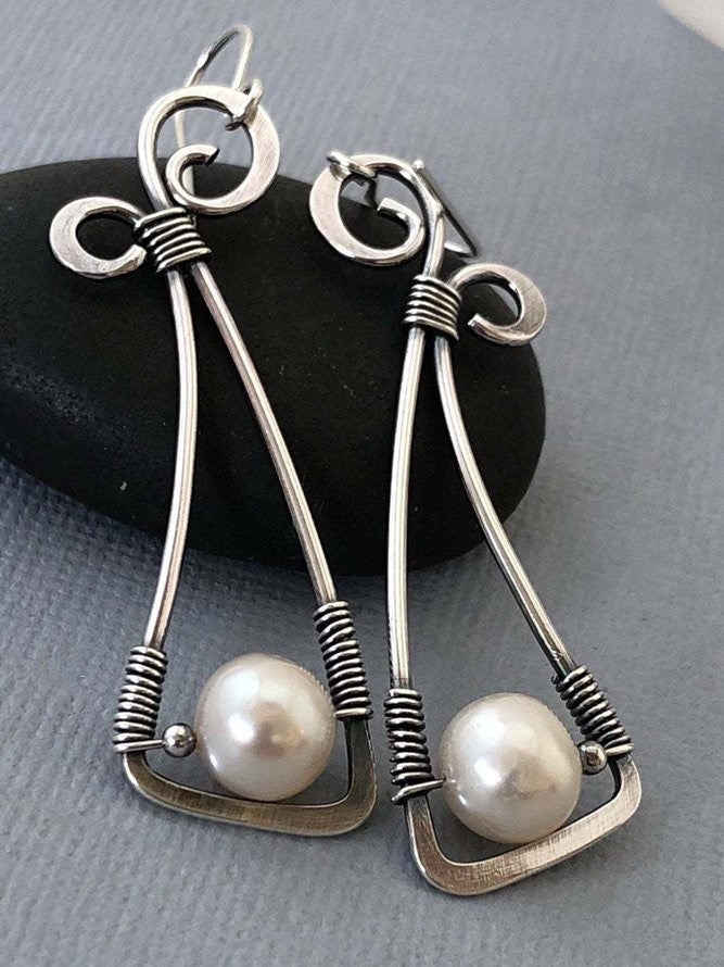 Pearl and Wire Earrings - Silver