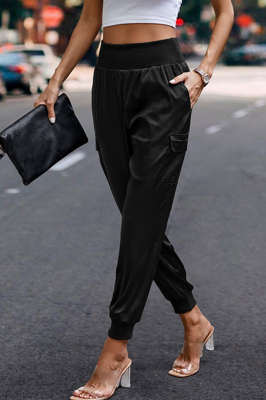 Elastic High Waist Sweatpants Sporty Pocket Pants - Black