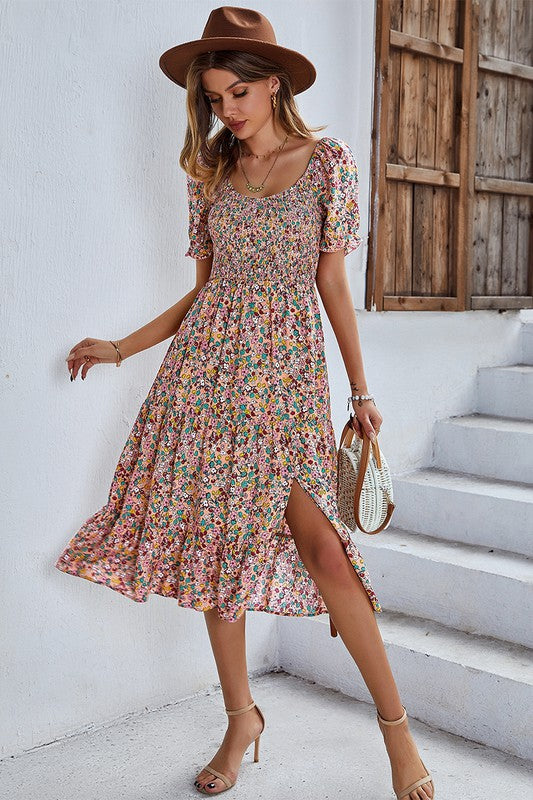 Square Neck Floral Ruffled Fit Midi Dress - Pink