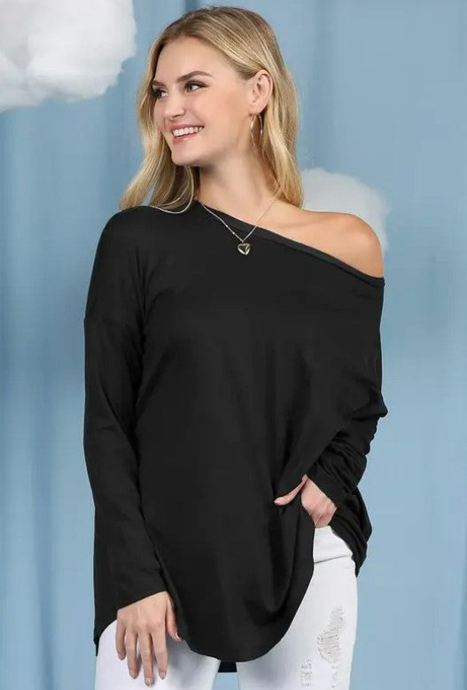 Long Sleeve Round Neck On or Off The Shoulder Top - Black