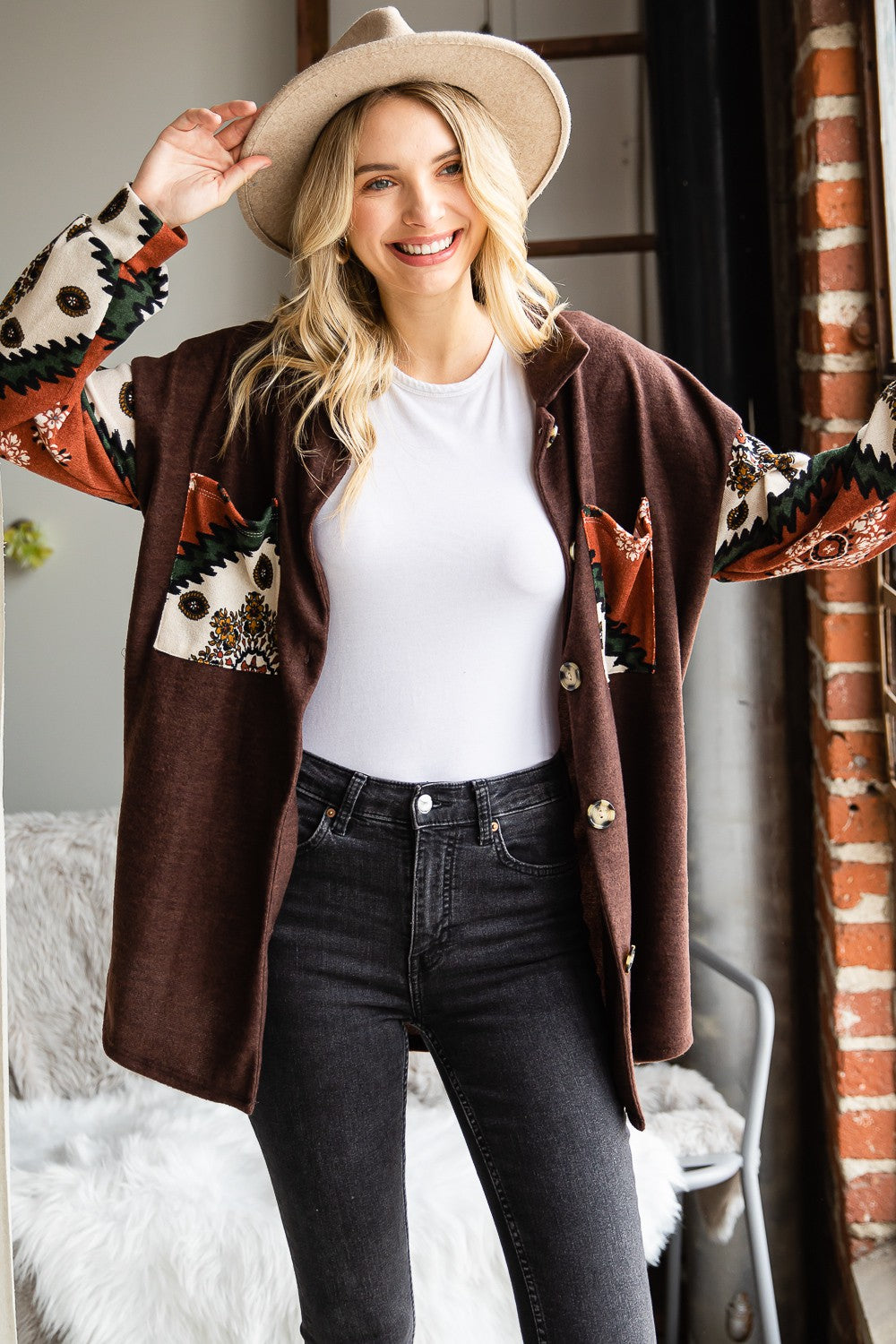 Oversized Button Down Shirt w/ Contrast Sleeves - Brown