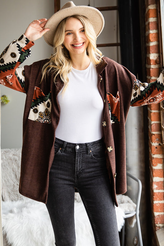 Oversized Button Down Shirt w/ Contrast Sleeves - Brown