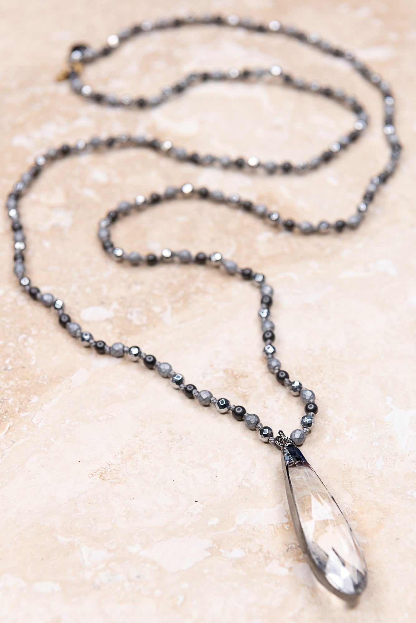 Skinny Beaded Necklace with Crystal Teardrop - Gray/Silver