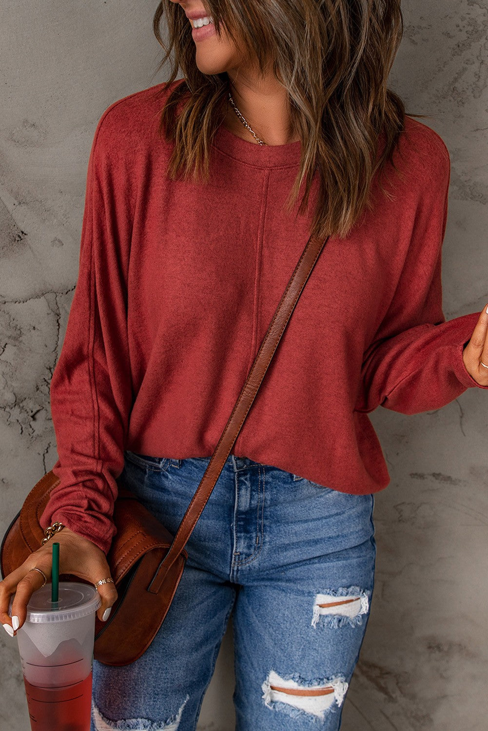 Solid Color Casual Seam Patchwork Long Sleeve Top - Red
