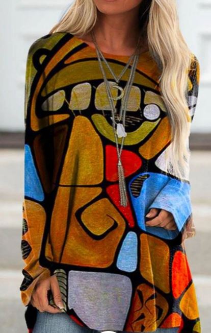 Crew Neck Long Sleeve Cotton-Blend Casual Tops - Multi